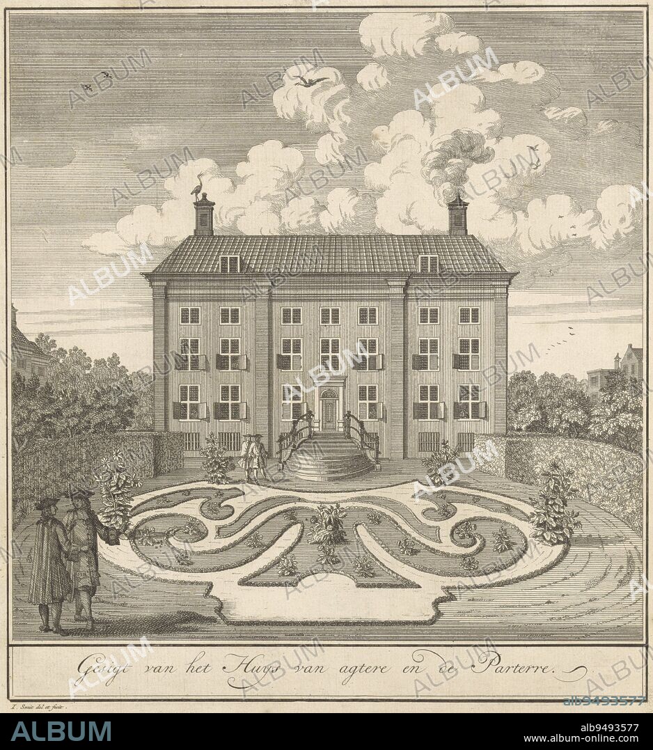 View of the back facade and the parterre de broderie of the Corvershof on Nieuwe Herengracht, Amsterdam. Four figures are walking in the garden. Sunflowers are growing in the parterres. A stork sits on the left chimney. Part of a series of prints of the Corvershof, which opened in 1723 and was intended for elderly couples of Nederduits Gereformeerde (later Reformed) huize, View of the rear facade and the parterre de broderie of the Corvershof in Amsterdam Gesigt van het huys van agtere en de parterre Het Corvershof te Amsterdam , print maker: Jan Smit (I), (mentioned on object), print maker: Jan Smit (II), (mentioned on object), Jan Smit (I), (mentioned on object), Amsterdam, 1723 - 1748, paper, etching, engraving, h 263 mm × w 246 mm.