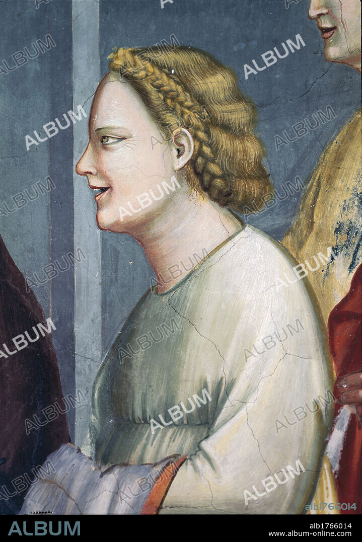 Scenes from the Life of Joachim Meeting at the Golden Gate, by Giotto, 1304-1306, 14th Century, fresco,. Italy, Veneto, Padua, Scrovegni Chapel. Detail. A fair haired woman in the suite retinue braid tunic.