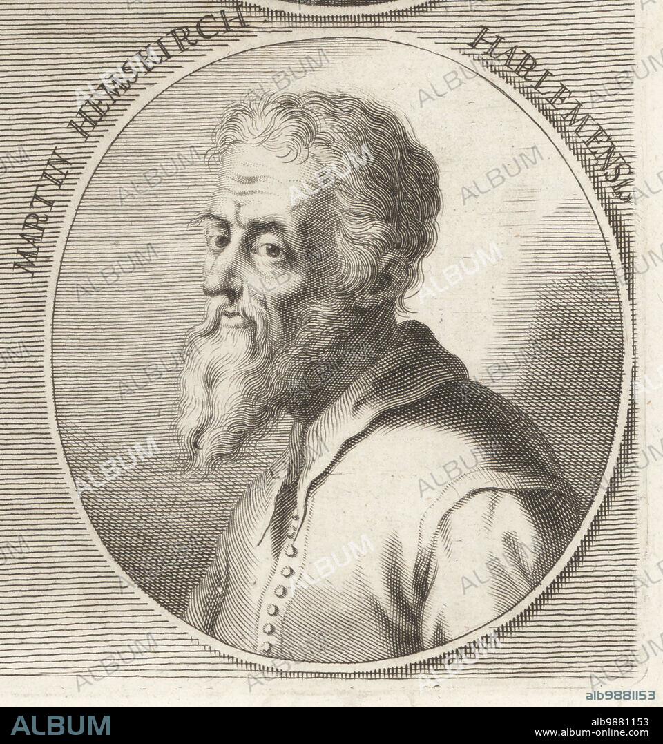 Maarten van Heemskerck, Dutch portrait and religious painter, engraver, spent most of his career in Haarlem, 1498-1574. Martin Hemskirch Harlemensis. Copperplate engraving after an illustration by Joachim von Sandrart from his LAcademia Todesca, della Architectura, Scultura & Pittura, oder Teutsche Academie, der Edlen Bau- Bild- und Mahlerey-Kunste, German Academy of Architecture, Sculpture and Painting, Jacob von Sandrart, Nuremberg, 1675.