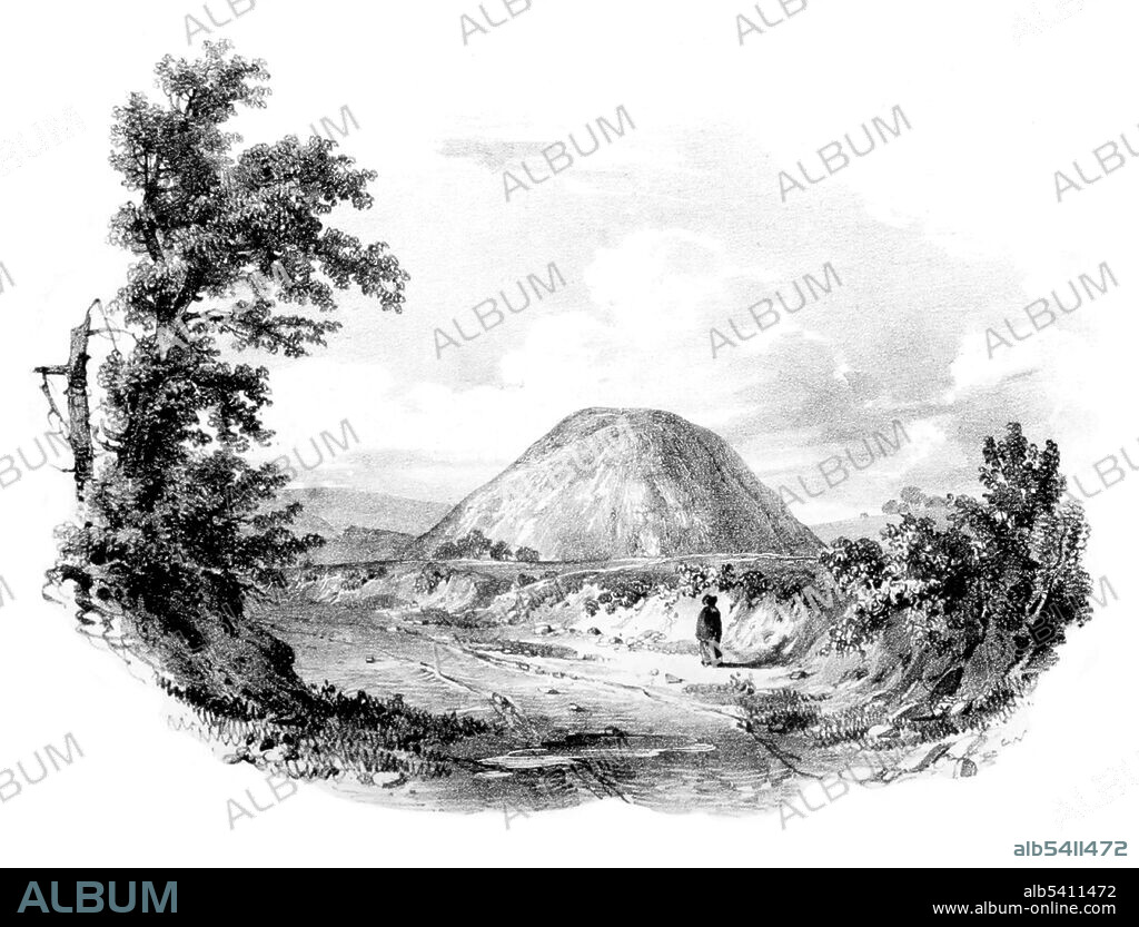 Silbury Hill is a prehistoric artificial chalk mound near Avebury in the English county of Wiltshire. It is part of the Stonehenge, Avebury and Associated Sites UNESCO World Heritage Site. At 129 feet high, it is the tallest prehistoric man-made mound in Europe and one of the largest in the world. Silbury Hill is part of the complex of Neolithic monuments around Avebury, which includes the Avebury Ring and West Kennet Long Barrow. Its original purpose is still debated. Image taken from The Celtic Druids by Godfrey Higgins, 1827 (cropped and cleaned).
