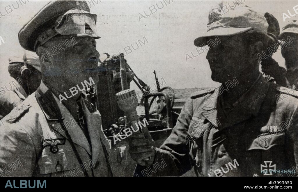 German General Erwin Rommel, Tobruk, Libya, World War II, 1941. Giving an interview during the siege of Tobruk. Rommel (1891-1944) was one of the foremost German generals of the Second World War. After distinguishing himself in command of the 7th Panzer Division in the invasion of France, he was put in command of the German forces in North Africa, the Afrika Korps, where he gained the nickname 'the Desert Fox'. Rommel was promoted to Field Marshal in 1942, but was unable to prevent the Allies from driving the Germans and Italians out of North Africa. In 1944 he commanded German forces in Normandy opposing the Allies after the D-Day landings, but shortly afterwards agreed to commit suicide after he was linked to the July Plot, the unsuccessful attempt by a group of German Army officers to assassinate Hitler.