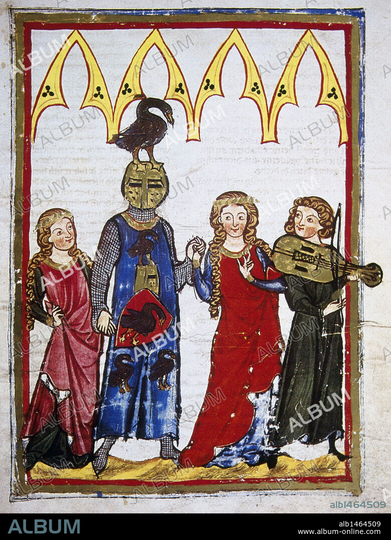 SOCIEDAD MEDIEVAL ALEMANA. SIGLO XIII. "HILTBOLT VON SCHWANGAU (1221-1254), MINISTRO IMPERIAL SUABO LLAMADO EL CABALLERO DEL CISNE, BAILA DESPUÉS DE UNA VICTORIA". Miniatura del CODICE MANESSE (h.1300), realizado por Rudiger Manesse y su hijo Johannes. Fol. 146r. Biblioteca Universitaria. Heidelberg. Alemania.