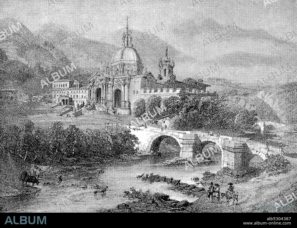 San Ignacio de Loyola monastery with the birthplace of Loyola in the province of Guipuzcoa, Spain, 1880.