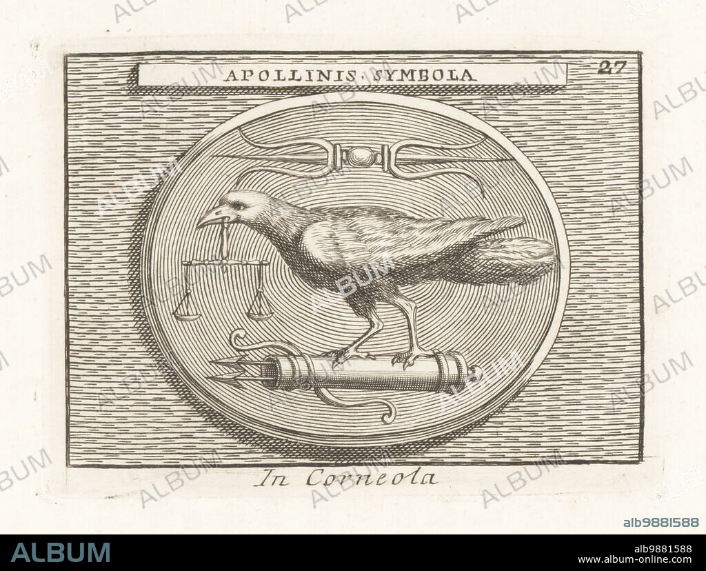 Symbols of the Greek god Apollo: raven standing on a quiver, bow and arrows, holding a weighing scale in its beak. A thunderbolt over its head. Apulu, chthonic sky god, to the Etruscans. From an engraved cornelian gem. Apollinis Symbola in Corneola. Copperplate engraving from Francesco Valesio, Antonio Gori and Ridolfino Venutis Academia Etrusca, Museum Cortonense in quo Vetera Monumenta, (Etruscan Academy or Museum of Cortona), Faustus Amideus, Rome, 1750.. Copperplate engraving from Francesco Valesio, Antonio Gori and Ridolfino Venutis Academia Etrusca, Museum Cortonense in quo Vetera Monumenta, (Etruscan Academy or Museum of Cortona), Faustus Amideus, Rome, 1750.