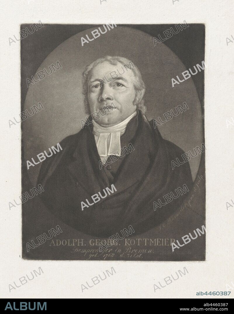 Portrait of the pastor Adolph Georg Kottmeier, Adolph Georg Kottmeier, Frederik Christiaan Bierweiler (mentioned on object), Bremen (possibly), 1793 - c. 1842, paper, etching, h 280 mm × w 217 mm.