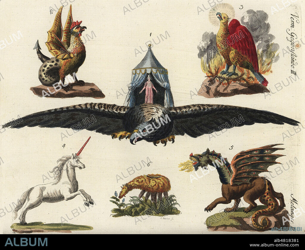 de ht en bas et de g a drte : BASILIC , PHOENIX, OISEAU ROC, LICORNE,AGNEAU TARTARE , DRAGON . ANimaux mythiques ou Zoophytes legendaires (agneau tartare ou AGnus Scythicus) Gravure, planche illustree de l'ouvrage BILDERBUCH ou livre d'images (1790-1815) de Friedrich Justin BERTUCH (1747-1822). Credit SSPL/KHARBINE TAPABOR.