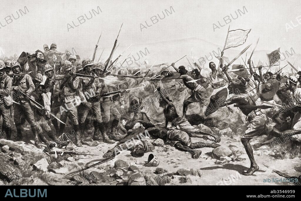 The Battle of Abu Klea, aka Battle of Abu Tulayh, 16-18 January 1885, Abu Klea, Sudan. After the painting by William Barnes Wollen. From Hutchinson's History of the Nations, published 1915.