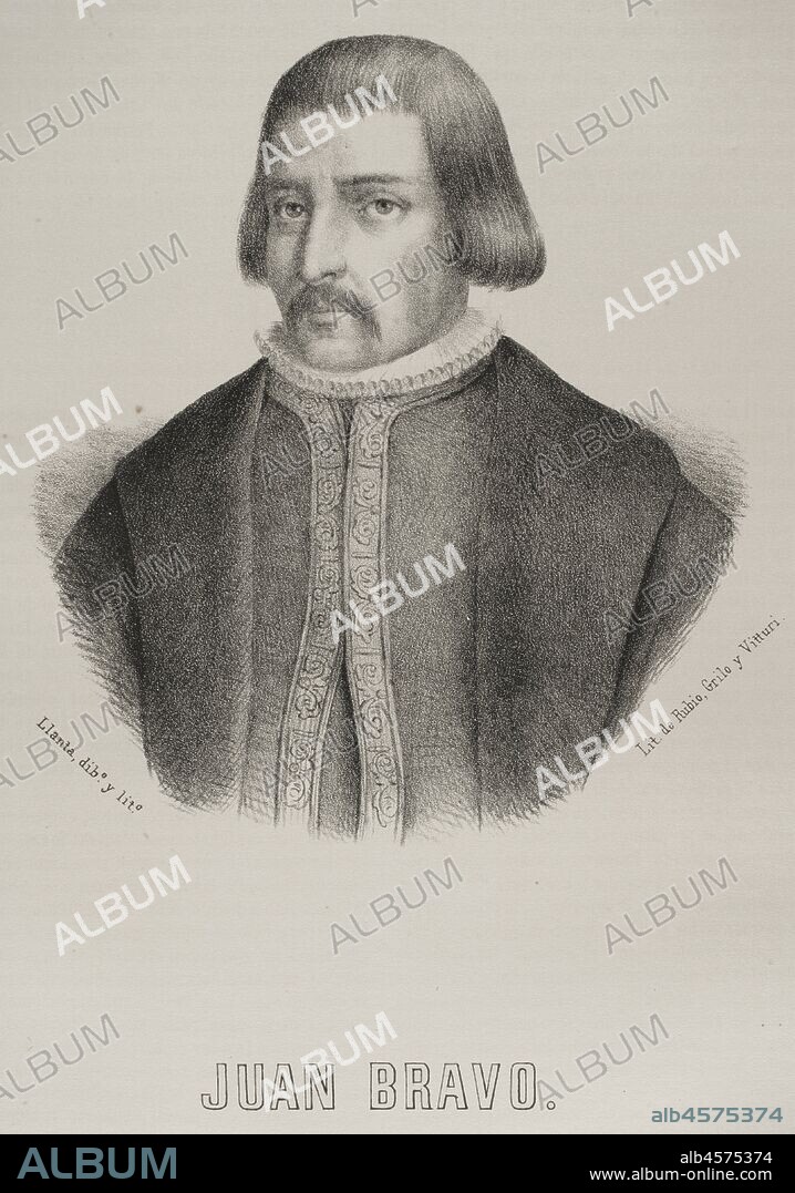 Juan Bravo (1484-1521). Noble castellano. Participó en la Guerra de las Comunidades de Castilla. Dibujo por Llanta. Litografía. Crónica general de España, Historia Ilustrada y Descriptiva de sus Provincias. Castilla-La Vieja,1870. Biblioteca Histórico Militar de Barcelona, Cataluña, España.