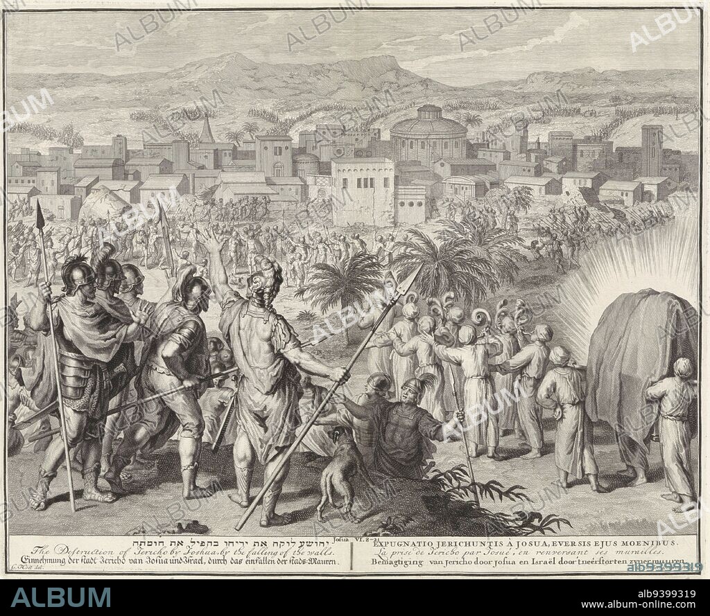Destruction of Jericho, Gilliam van der Gouwen, after Gerard Hoet (I), 1728, In the foreground on the right seven priests walking towards Jericho blowing ram's horns. Behind them is the ark of the covenant. In the background the walls of the city of Jericho are crumbling. Joshua stands in the foreground and gives the order to attack the city of Jericho (Jos.6:8-21). The print has a Hebrew, Latin, French, English, German and Dutch caption., print maker: Gilliam van der Gouwen, (mentioned on object), intermediary draughtsman: Gerard Hoet (I), (mentioned on object), publisher: Pieter de Hondt, print maker: Amsterdam, publisher: The Hague, 1728, paper, etching, engraving, w 428 mm × h 350 mm.