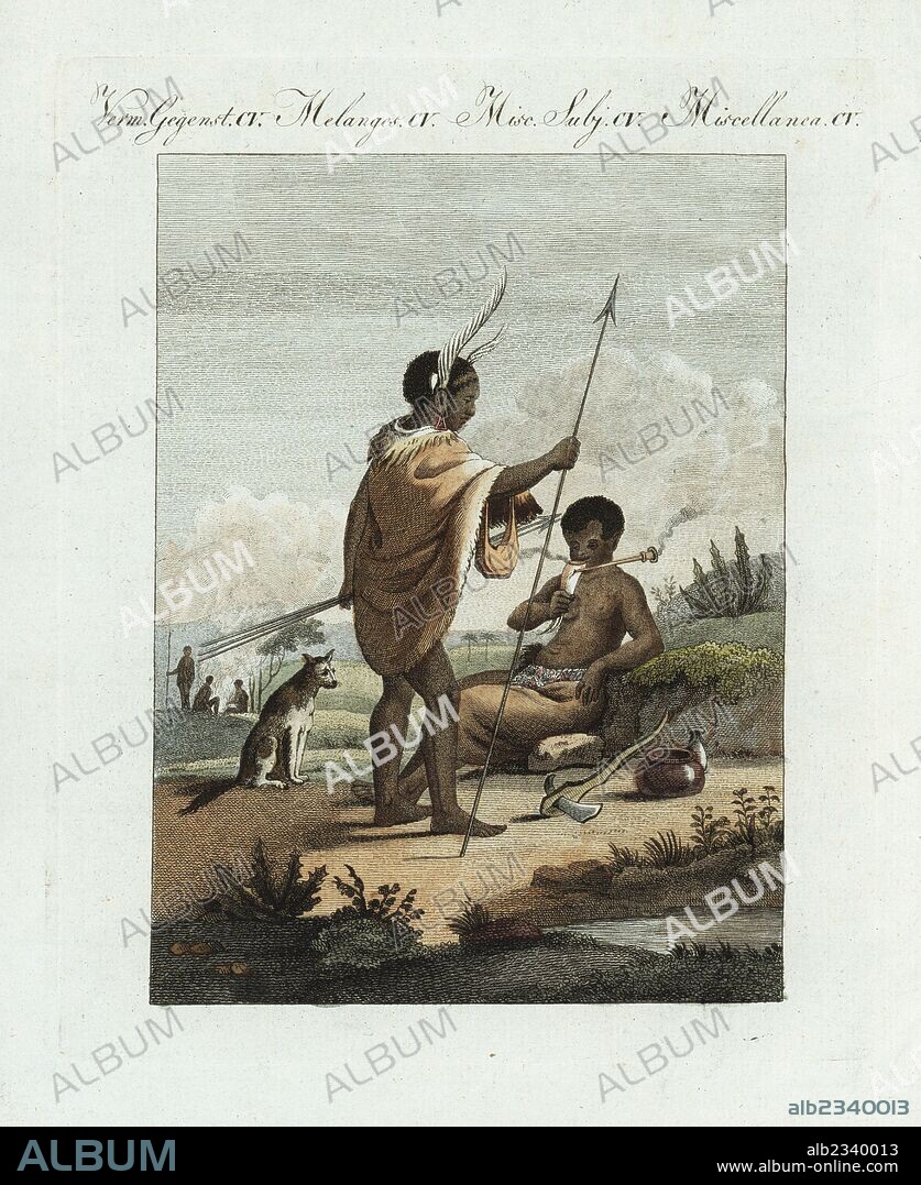 Batswana man and woman, South Africa, circa 1800 (modern Botswana). The man wears feathers and earrings, an animal skin cape, and carries spears and a basket. The woman sits next to an axe and bowl, smoking a pipe, wearing an animal skin skirt. Handcoloured copperplate engraving from Bertuch's "Bilderbuch fur Kinder" (Picture Book for Children), Weimar, 1807. Friedrich Johann Bertuch (1747-1822) was a German publisher and man of arts most famous for his 12-volume encyclopedia for children illustrated with 1,200 engraved plates on natural history, science, costume, mythology, etc., published from 1790-1830.