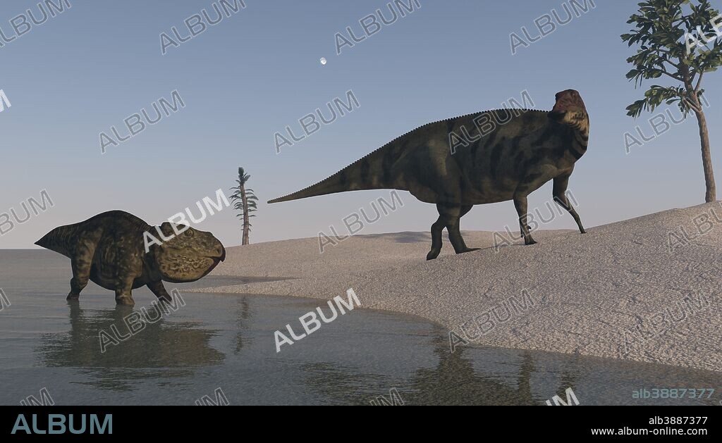 Udanoceratops and Shuangmiaosaurus roaming the shoreline.