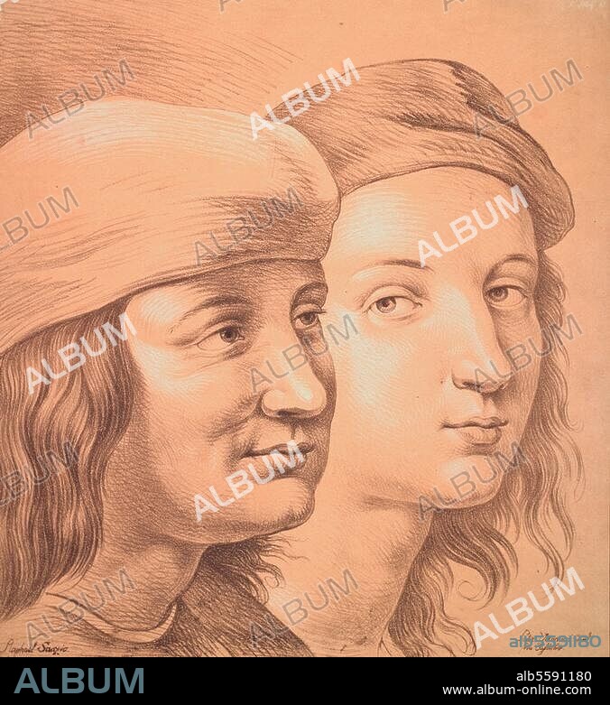 Raffael, eigentl. Raffaello Santi; ital. Maler und Architekt; Urbino 6.4.1483 - Rom 6.4.1520. / - Selbstbildnis Raffaels mit dem Maler Sodoma, eigentl. Giovanni Antonio Bazzi (1477-1549). Teilkopie nach Raffaels "Schule von Athen", um. 1508/11, in der Stanze della Segnatura in Rom. Kreidelithographie, Nepomuk Strixner (1782-1855) zugeschrieben. Berlin, Sammlung Archiv für Kunst und Geschichte.
