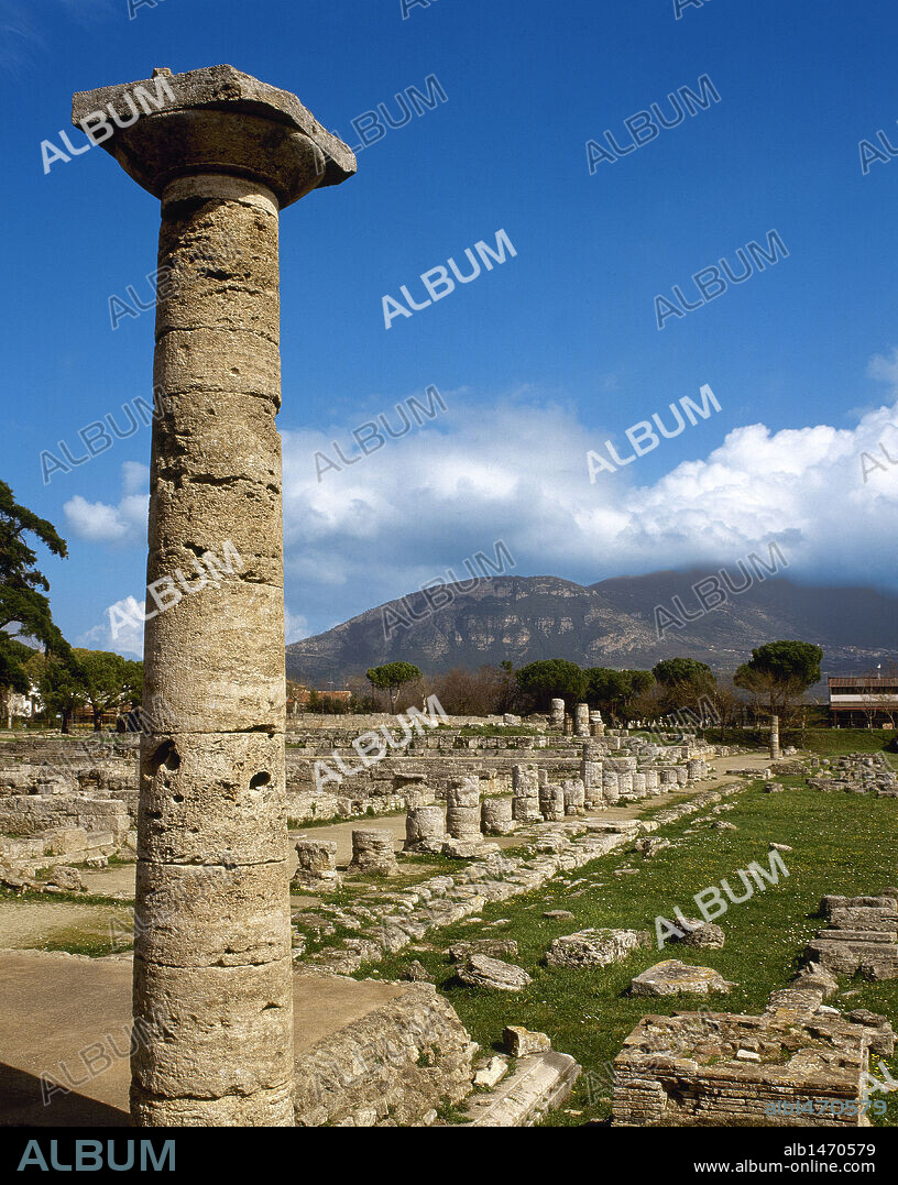 ARTE GRIEGO. MAGNA GRECIA. ITALIA. PAESTUM (antigua ciudad griega de Poseidonia o Posidonia). Vista general de la zona arqueológica pertenecinete a la antigua ciudad de época griega. La Campania. Sur de Italia. Europa.