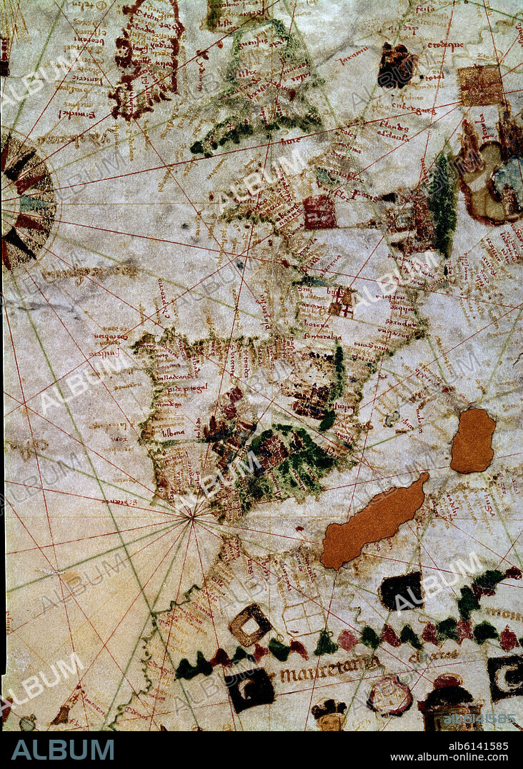 JUAN DE LA COSA (1449-1510). MAPAMUNDI REALIZADO EN 1500 - DETALLE DE ESPAÑA.