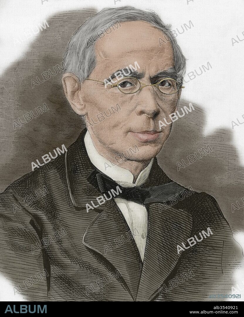 Juan Eugenio Hartzenbusch Martínez (Madrid, 1806-Madrid, 1880). Escritor español. Grabado del siglo XIX. Coloreado.