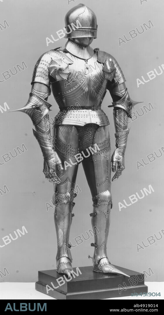 Armor, German, 19th century and partially 15th century, German, Steel, leather, Wt. 48 lb. 13 oz. (22.14 kg); H. of helmet 8 1/2 in. (21 cm); Wt. of helmet 5 lb. (2268 g), Armor for Man.