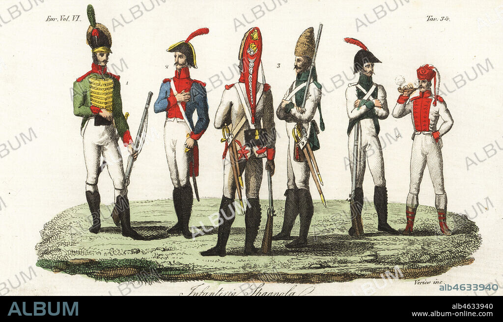 Uniforms of the Spanish Army, 1800s. Catalan light infantryman 1, artilleryman 2, grenadiers 3, other soldiers 4. Infanteria Spagnola. Handcoloured copperplate engraving by Verico after Giulio Ferrario in his Costumes Ancient and Modern of the Peoples of the World, Il Costume Antico e Modern o Story, Florence, 1829.