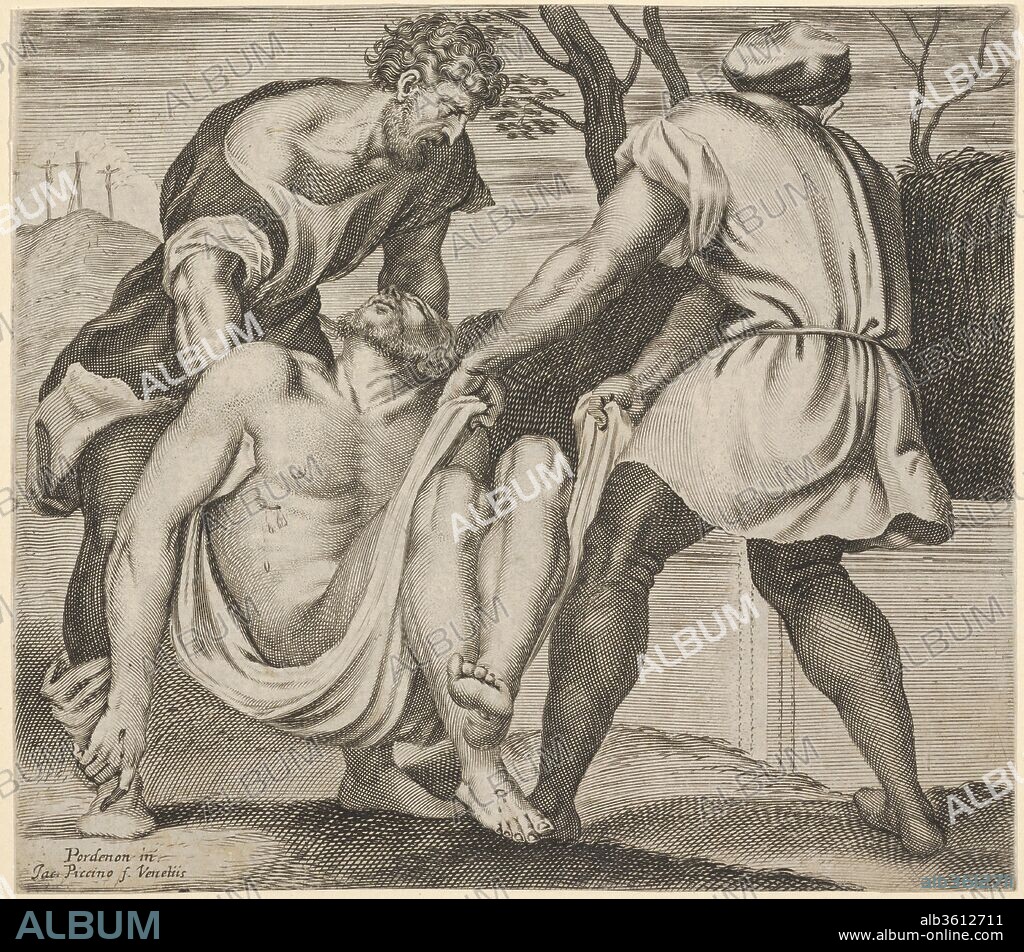 Entombment of Christ, two men lifting Christ into a tomb, with a shroud underneath the body, three crosses on Golgotha beyond, from a series of five engravings after the destroyed or detached frescoes of 1532/33 by Giovanni Antonio da Pordenone in the cloister of S.Stefano, Venice. Artist: After Giovanni Antonio da Pordenone (Giovanni Antonio de Sacchis) (Italian, Pordenone 1483?-1539 Ferrara); Giacomo Piccini (Italian, born Venice, ca. 1617). Dimensions: sheet: 6 1/4 x 7 1/8 in. (15.9 x 18.1 cm). Series/Portfolio: five engravings after the destroyed or detached frescoes of 1532/33 by Giovanni Antonio da Pordenone in the cloister of S.Stefano, Venice. Date: ca. 1656.