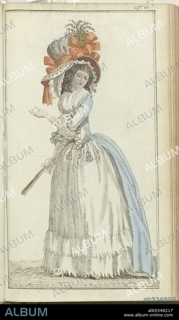 Journal des Luxus und der Moden 1788, Band III, T.11, Parisian woman in demi-négligé, according to the latest fashion. She wears a robe demi négligée consisting of a white skirt with falbala and a bodice with sleeves, which together form one unit and are also put on as one unit. The bodice is laced up from the front. Over it a blue 'robe à la Turque'. On the head a corresponding white 'Bonnet à la Paysanne' over which a hat 'à la Provence' with large bows of orange ribbon and an aigrette of field flowers. Fichu and two breloques. Folded fan in hand. Print from the fashion magazine Journal des Luxus und der Moden, published by Friedrich Justin Bertuch and Georg Melchior Kraus, Weimar, 1786-1826., publisher: Friedrich Justin Bertuch, publisher: Georg Melchior Kraus, Weimar, 1788, paper, etching.