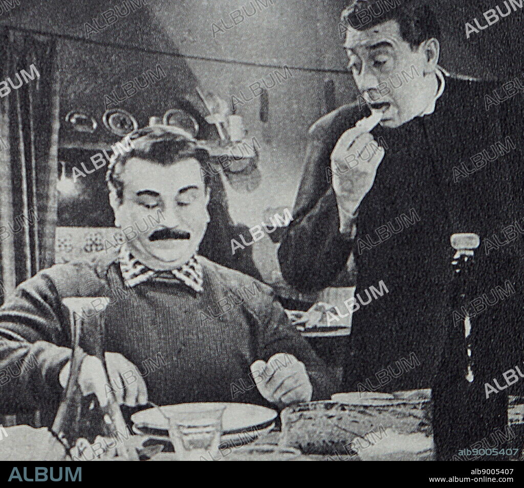 Film still from 'The Return of Don Camillo' starring Fernandel, Gino Cervi, Leda Gloria, and Saro Urzi.