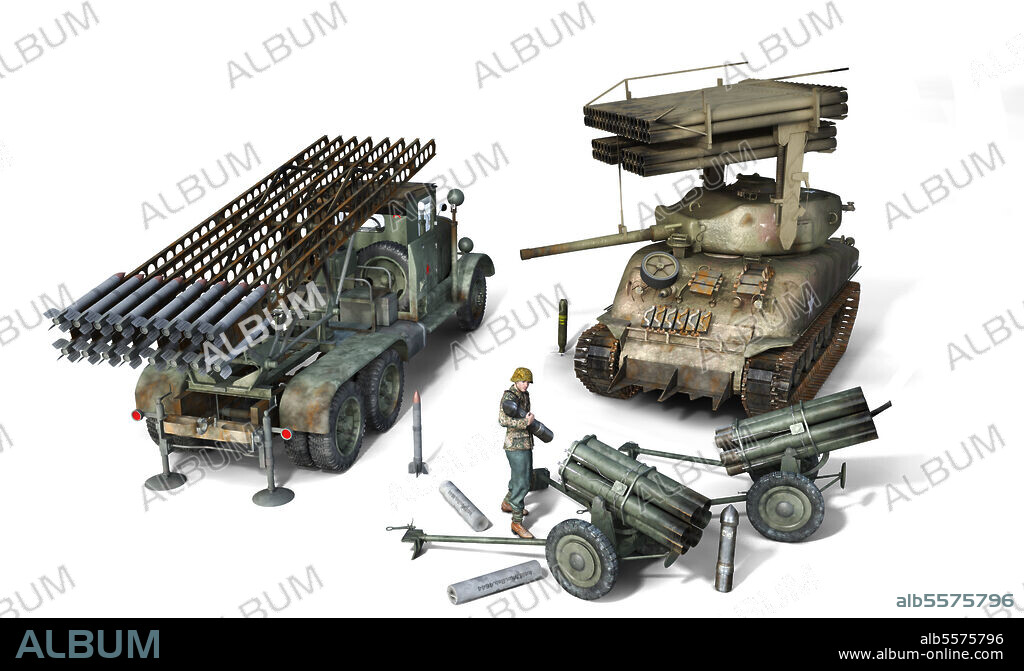 Illustration of three rocket launchers used during WWII: The soviet Katyusha, the German Nebelwerfer 41 and the U.S. T34 Calliope.