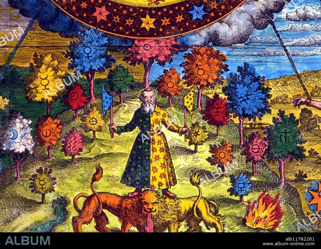 ALCHEMY - Symbolic sigils for the planets, and the three principles (etc.). detail from 'Janitor Pansophus' or Figura Anenea Quadriparita... formerly bound into the 1677 edition of 'Museum Hermeticum'.