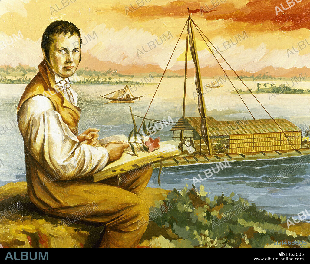 HUMBOLDT, Alexander von (Berlin, 1769-1859). German naturalist and geographer. Explored, along with French botanist A. Bonpland, the Canary Islands, Venezuela, the Orinoco, the Black River, Cuba, the Magdalena River, Bogota, Ecuador and Mexico. His most important scientific work is Kosmos (1845-58). Von Humboldt on the river Guayaquil.