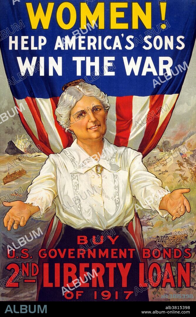 Entitled: "Women! Help America's sons win the war. Buy U.S. Government Bonds, 2nd Liberty Loan of 1917". Poster showing woman standing in front of U.S. flag with hands outstretched. A Liberty Bond was a war bond that was sold in the United States to support the allied cause in World War I. Subscribing to the bonds became a symbol of patriotic duty in the United States and introduced the idea of financial securities to many citizens for the first time. The Act of Congress which authorized the Liberty Bonds is still used today as the authority under which all U.S. Treasury bonds are issued. Through the selling of Liberty bonds, the government raised around $17 billion for the war effort. Considering that there were approximately 100 million Americans during that time, each American, on average, raised $170 on Liberty bonds. The 2nd Liberty Loan Act established a $15 billion aggregate limit on the amount of government bonds issued, allowing $3 billion more offered at 25 years at 4% interest, redeemable after 10 years. The amount of the loan totaled $3.8 Billion with 9.4 million people purchasing bonds. Artist R.H. Porteous, 1917.