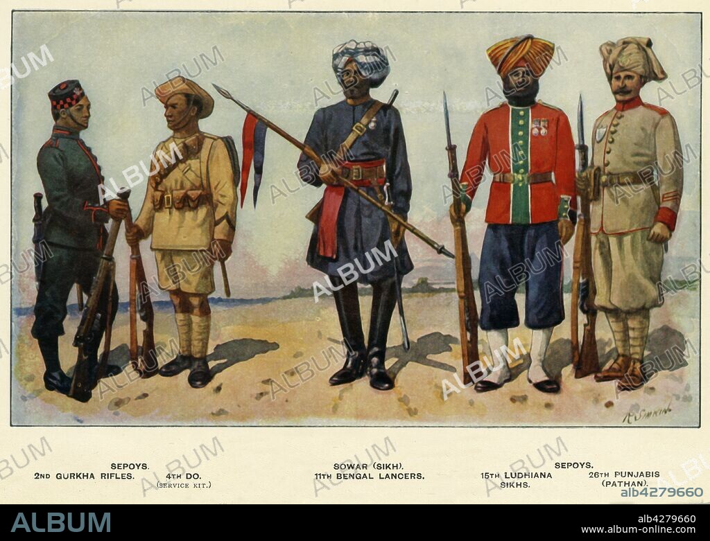 RICHARD SIMKIN. 'Types of the Indian Army', 1919. Soldiers serving during the First World War, 1914-1919: Sepoys - 2nd Gurkha Rifles, 4th DO (service kit); Sowar (Sikh), 11th Bengal Lancers; Sepoys - 15th Ludhiana Sikhs; 26th Punjabis (Pathan). From "The History of the Great European War: its causes and effects", Vol. III, by W. Stanley Macbean Knight. [Caxton Pulishing Company, Limited, London, 1919].