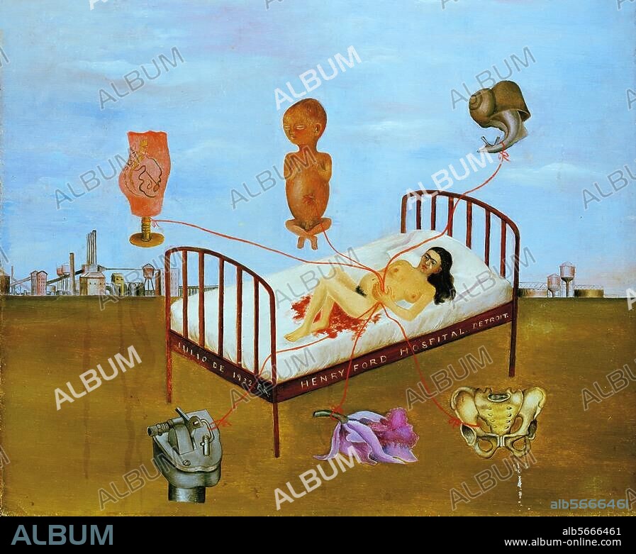 FRIDA KAHLO. Kahlo, Frida. 1907-1954. "Henry Ford Hospital or the Flying Bed", 1932. Oil on metal, 30.5 × 38cm. Fundacion Dolores Olmedo Patino, A.C. Mexico City, Museo Dolores Olmedo Patiño, Xochimilco.