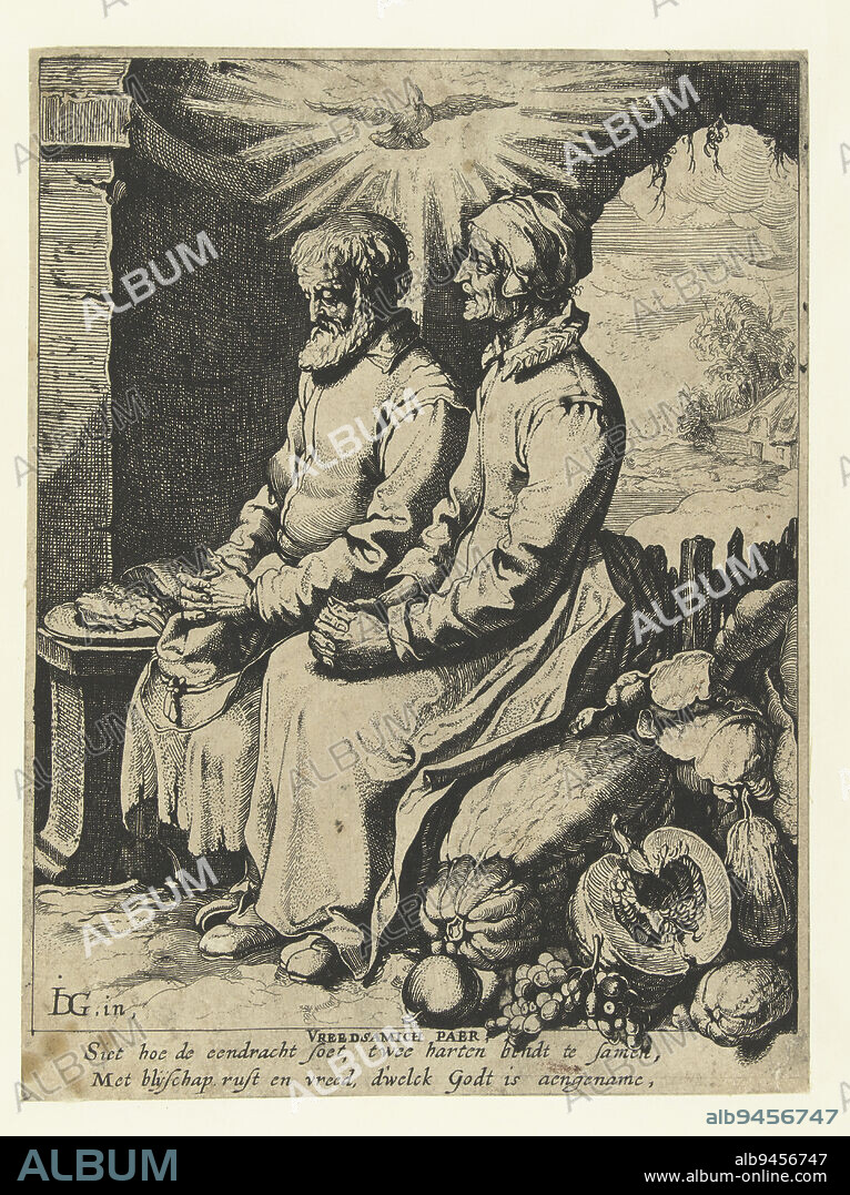 Old man and old woman, sitting side by side with folded hands. The Holy Spirit in the form of a dove above their heads. Next to them fruits on the ground. Below the depiction a two-line Dutch poem, Praying old couple Vreedsamich paer (title on object), print maker: Jacob de Gheyn (III), Jacob de Gheyn (II), (mentioned on object), Netherlands, 1616 - 1620, paper, etching, h 203 mm × w 153 mm.