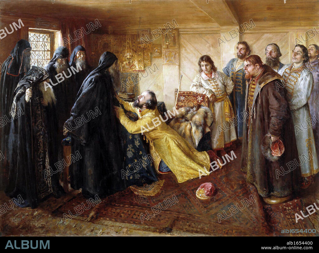 Ivan's repentance: he asks a father superior of the Pskovo-Pechorsky Monastery to let him take the tonsure at his monastery. painted by the Russian artist Klavdiy Lebedev (1852 - 1916) Ivan IV of Russia (Ivan the Terrible),( 25, 1530, - 1584) was Tsar of.