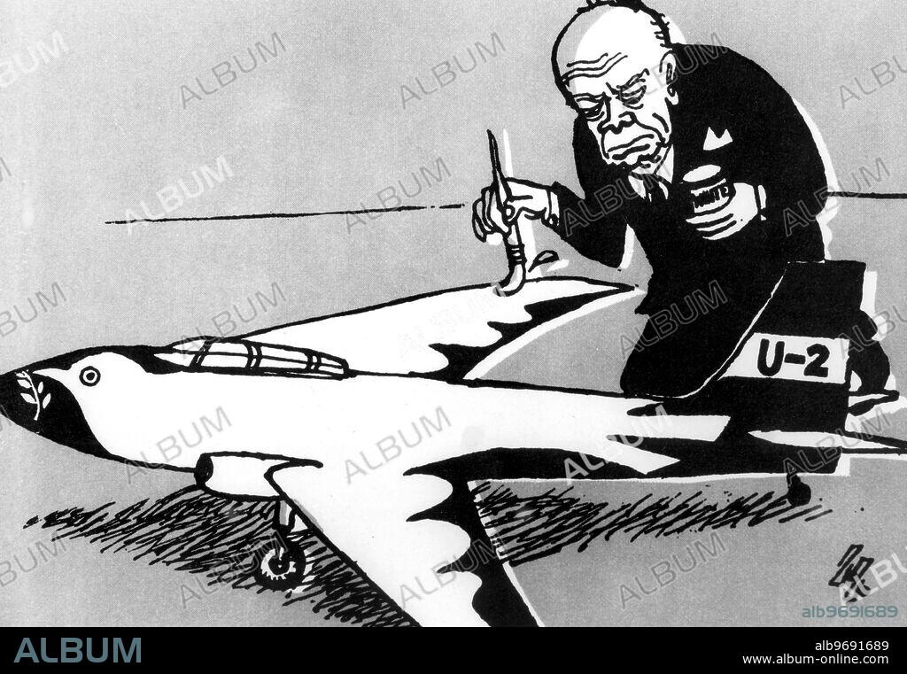 Soviet cartoon called "The Art of Camouflage" comments on Eisenhower's dedication to the cause of peace.. Powers, Francis Gary US aviator; shot down in U-2 plane during reconnaissance mission over Soviet Union 1960; imprisoned as spy, but returned to US in exchange for Rudolf Abel 1962 _1929-1977.