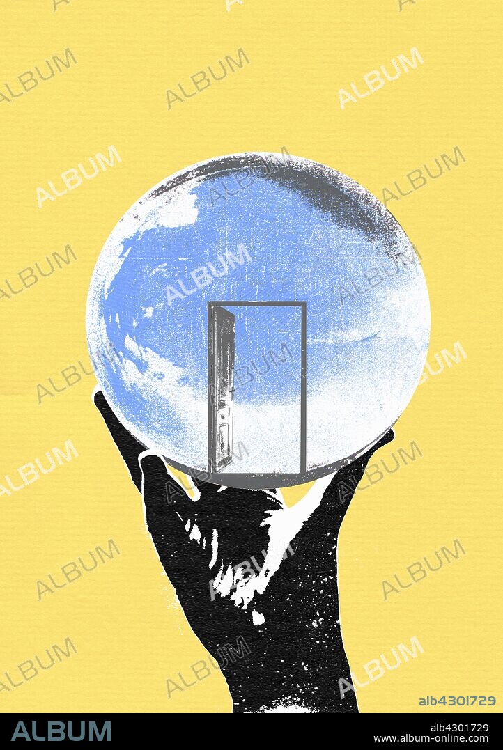 Hand holding crystal ball with open door.