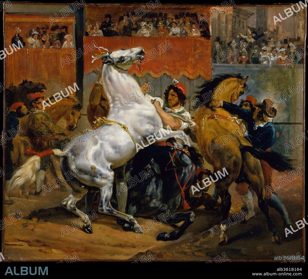The Start of the Race of the Riderless Horses. Artist: Horace Vernet (French, Paris 1789-1863 Paris). Dimensions: 18 1/8 x 21 1/4 in. (46 x 54 cm). Date: 1820.
Races of riderless horses were a highlight of Rome's Carnival, held each February before Lent. Vernet's painting depicts grooms struggling to restrain the horses before the start of the race--<i>la mossa</i>--in the Piazza del Popolo, which Goethe called "one of the finest sights that can be seen anywhere in the world." Vernet was certainly aware of his friend Gericault's studies of the race when he made this one, which served a preparatory role for a larger composition acquired by the French Ambassador to Rome (now private collection).