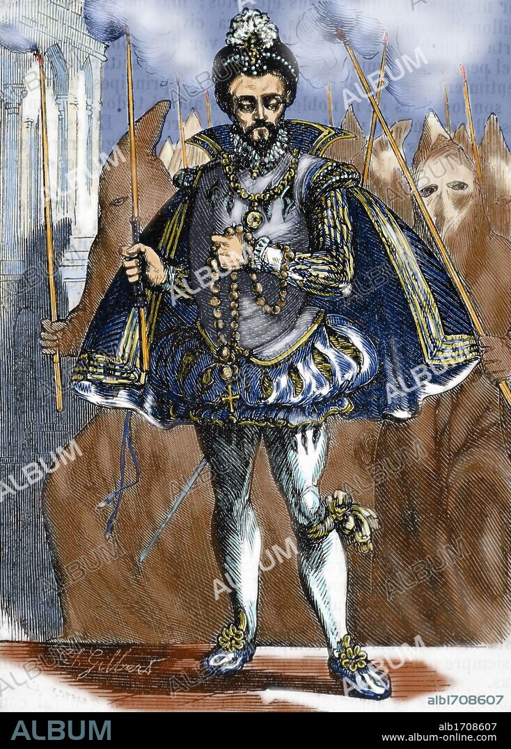 HENRY III of France (1551-1589). King of France (1574-1589).  Elected King of Poland (1573), left this country to succeed Charles IX. Colored engraving by Ch. Gilbert.