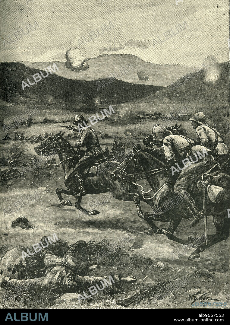 WILLIAM BARNES WOLLEN. 'The Battle of Colenso: Lieutenant Roberts Galloping Forward to Retrieve The Disaster to the Guns', 1899, (c1900). 'Lieutenant Roberts (the only son of Lord Roberts)...galloped forward with two gun teams ridden by Corporal Nurse and Gunner Young. Three bullets struck Roberts, and Congreve was wounded, but Schofield succeeded in hooking on two guns, and brought them safely away...Congreve and Major Baptie...plunged in again and brought back Roberts, wounded to death. All these gallant officers were awarded the Victoria Cross'. Third and final battle fought during the Black Week of the Second Boer War. It was fought between British and Boer forces from the independent South African Republic and Orange Free State in and around Colenso, Natal, South Africa. From "Cassell's History of England, Vol. IX". [Cassell and Company, Limited, London, Paris, New York & Melbourne].