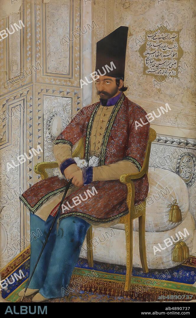 Abu`l Hasan Ghaffari, known as Sani' al-Mulk, Portrait of `Ali Quli Mirza, I`tizad al-Saltana, Abu`l Hasan Ghaffari, known as Sani' al-Mulk (Iranian, 1814-66), Illustrated single work, dated A.H. 1273/A.D. 1856-7, Country of Origin Iran, Opaque watercolor, gold, and ink on paper, H: 12.6 in (32 cm) x W: 8.27 in (21 cm), Codices.