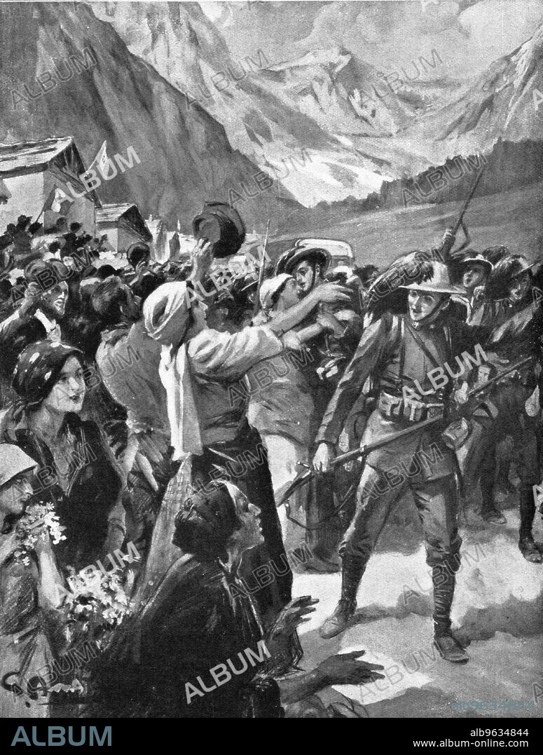 ''les premieres operations Italiennes; la population de Cormons accueille les bersaglieri en liberateurs', 1915. From "L'Album de la Guerre 1914-1919: Volume I" [L'Illustration, Paris, 1926].