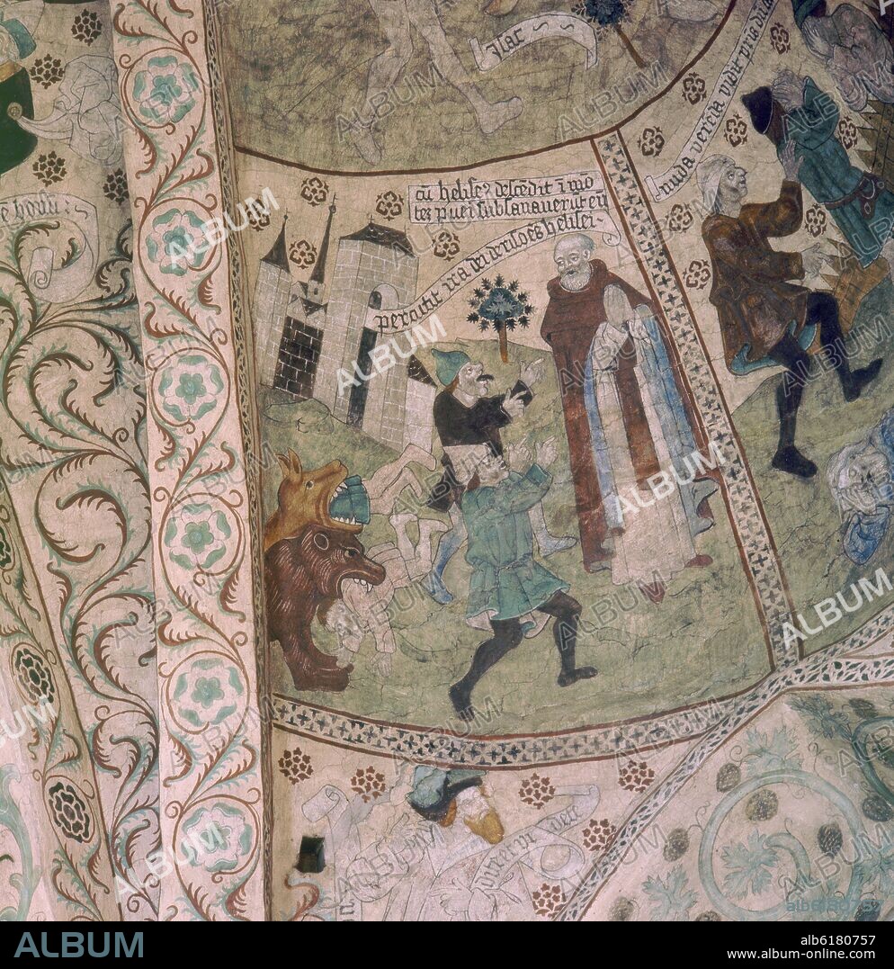 ALBERTUS PICTOR (1445-1509). ELIAS SE BURLA DE LOS PROFETAS DE BAAL - 1480 - FRESCO.