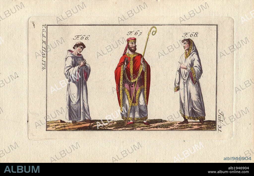 An Anglo Saxon bishop (67) and two Saxon monks (66, 68).. . "The bishop's mitre and episcopal cross were in use in the 10th and 11th centuries. The two monks wear robes decorated in a particular manner along the edges of the sleeves and the bottom of the tunic.". . "The Saxon mitre was flat at the top (67)." . . Handcolored copperplate engraving from Robert von Spalart's "Historical Picture of the Costumes of the Principal People of Antiquity and of the Middle Ages" (1796).