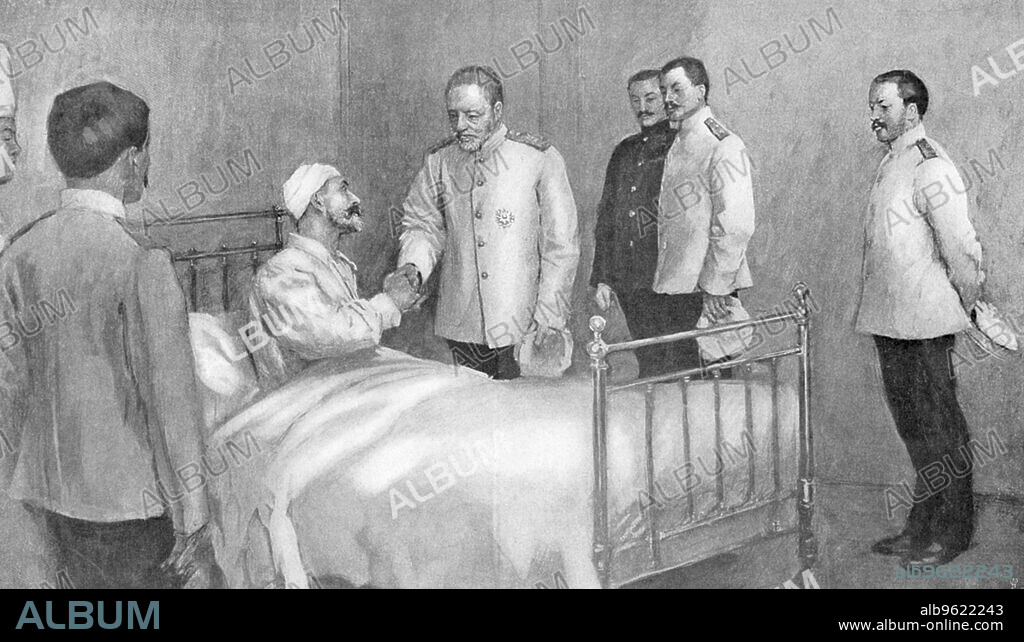 Admiral Togo, victor of the Battle of the Sea of Japan, visiting the defeated Russian Admiral Rozhestvensky in hospital. Russo-Japanese War, 1904-5.