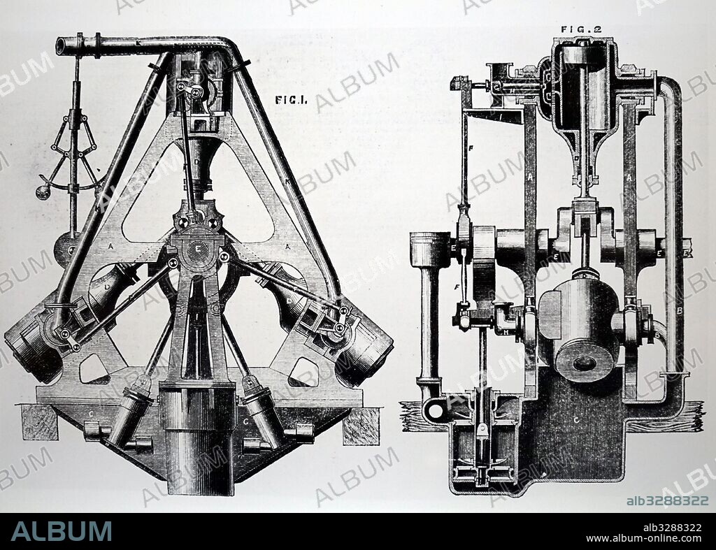 A patent 3-cylinder oscillating steam engine for marine use. Designed by John Scott Russell (1808-1882) a Scottish civil engineer, naval architect and shipbuilder. Dated 19th Century.
