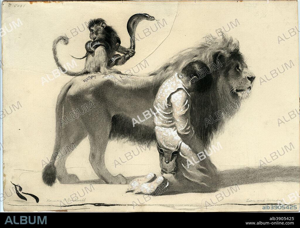 NORMAN ROCKWELL. The Ungrateful Man 'The whole court was filled with confusion, though the animals, with no attempt t. Date/Period: 1917. Drawing. Charcoal & gouache on board. Height: 304.80 mm (12 in); Width: 457.20 mm (18 in).