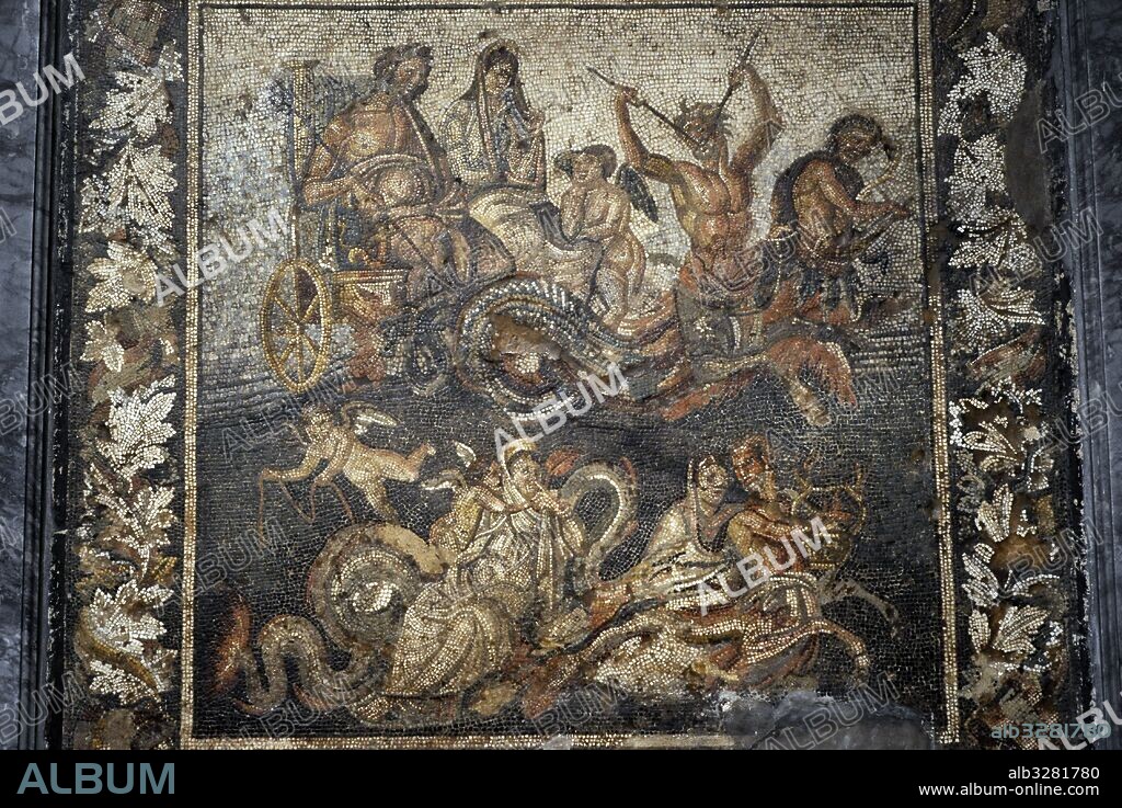 Roman mosaic. Neptune and Amphitrite in a chariot. House of Granduca di Toscana (IX, 2, 27), Pompeii. National Archaeological Museum, Naples. Italy.