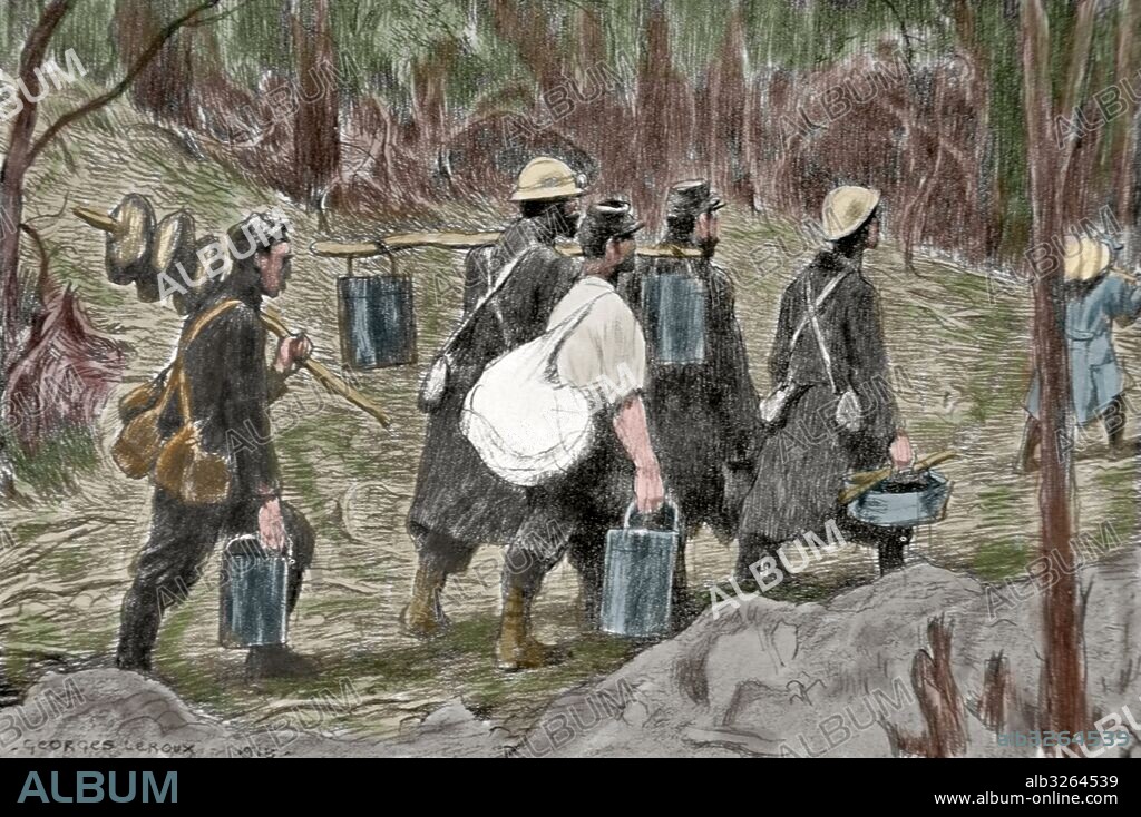 PRIMERA GUERRA MUNDIAL (1914-1918). Cocineros transportando la sopa a las trincheras. Dibujo de Georges Leroux. "L'Illustration", 6 de noviembre de 1915. Coloreado.