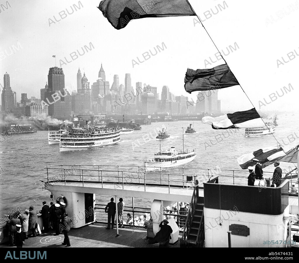 New York City skyline viewed from a passing boat circa 1936.