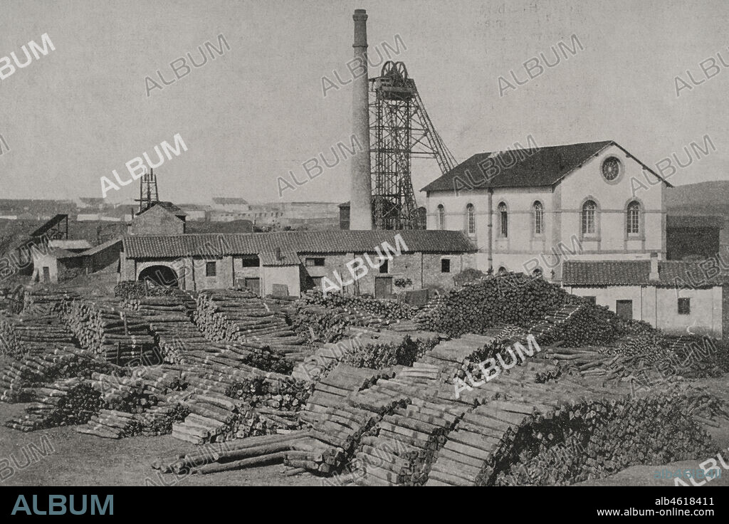 España, Andalucia, provincia de Córdoba. Bélmez. La catástrofe de Bélmez, en la cuenca carbonífera a orillas del río Guadiato. La mina "Santa Isabel", pozo maestro número 22, donde ocurrió una explosión en la tarde del 17 de marzo de 1898. Fotograbado. La Ilustración Española y Americana, 1898.