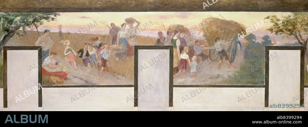 VICTOR MAREC. Esquisse pour la mairie de Bagnolet : Les travaux des champs, 1893. Sketch for the town hall of Bagnolet (Seine-Saint-Denis). Farm workers in the fields, harvest, hay cart.