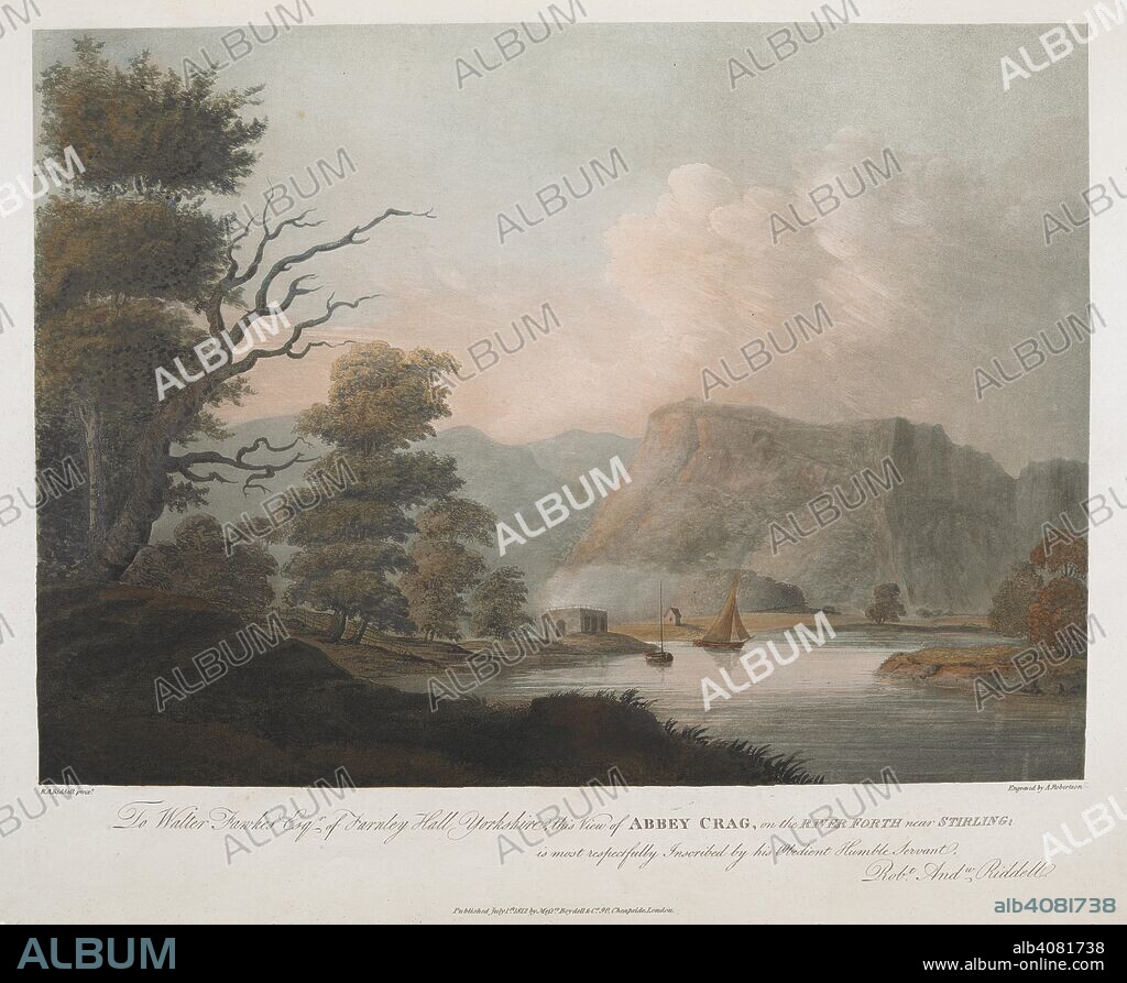 R. A. RIDDELL and A ROBERTSON. Boats on the River Forth; trees to the left; a small building on the shore; rocks and mountains in the distance; trees throughout the scene. To Walter Fawkes Esqr of Farnley Hall Yorkshire, this view of ABBEY CRAG, on the RIVER FORTH near STIRLING;l is most respectfully Inscribed by his Obedient Humble Servant, Robt Andw Riddell. [London] : Published July 1st 1812 by Messrs Boydell&Co 90 Cheapside, London., [July 1 1812]. Aquatint and etching with hand-colouring. Source: Maps K.Top.49.4.e. Language: English.